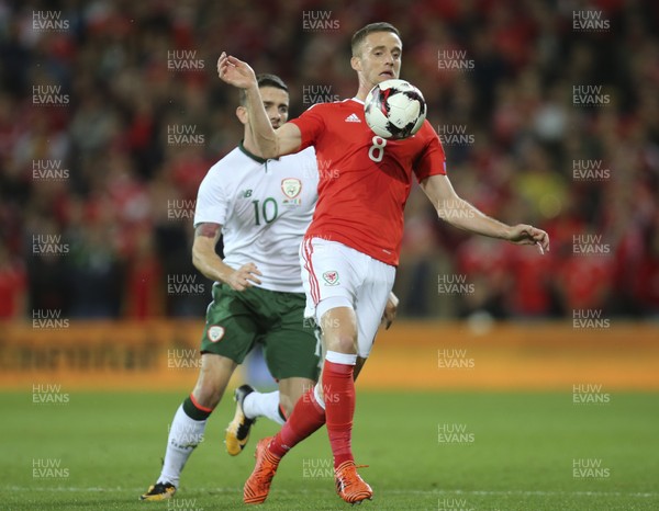 091017 - Wales v Republic of Ireland, FIFA World Cup 2018 Qualifier - Andy King of Wales wins the ball from Robbie Brady of Republic of Ireland