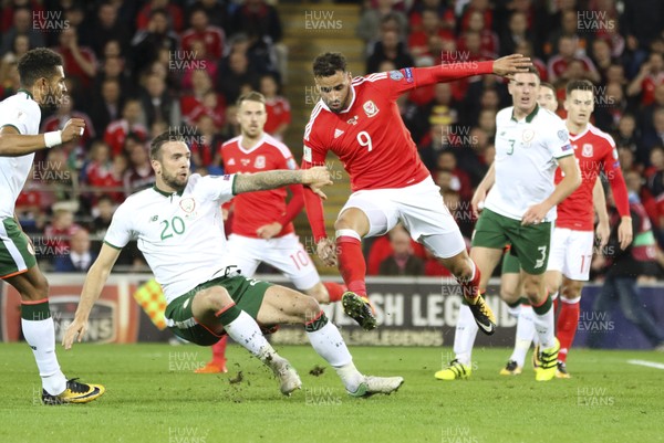 091017 - Wales v Republic of Ireland, FIFA World Cup 2018 Qualifier - Hal Robson-Kanu of Wales is tackled by Shane Duffy of Republic of Ireland