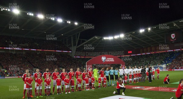 091017 - Wales v Republic of Ireland, FIFA World Cup 2018 Qualifier - The teams line up for the anthems at the start of the match