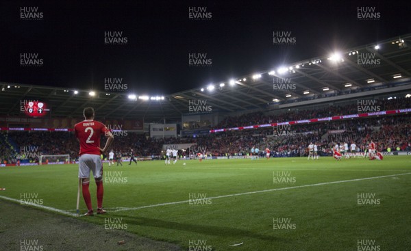 091017 - Wales v Republic of Ireland, FIFA World Cup 2018 Qualifier - Chris Gunter of Wales looks on from the corner flag at the final whistle as Wales fail to make the play offs