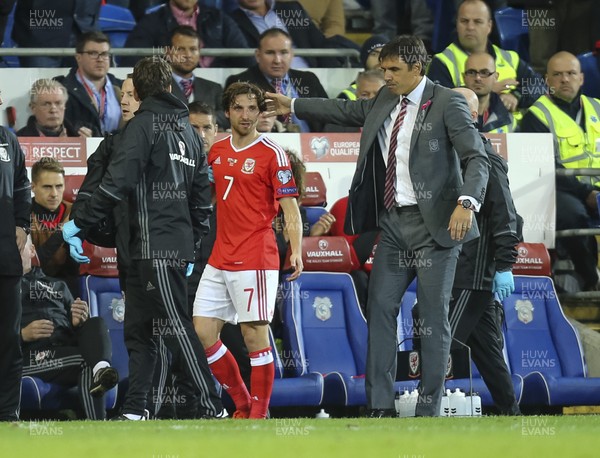 091017 - Wales v Republic of Ireland, FIFA World Cup 2018 Qualifier - Joe Allen of Wales is forced to leave the pitch with injury