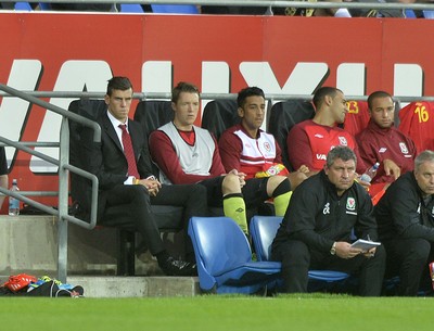 140813 - Wales v Republic of Ireland, International Friendly -   Gareth Bale of Wales watches the match from the bench