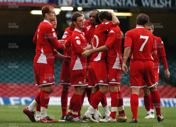 17.10.07 - Euro 2008 Qualifying Match, Group D Wales v Republic of Ireland Wales' Jason Koumas (ctr) is congratulated after scoring goal 