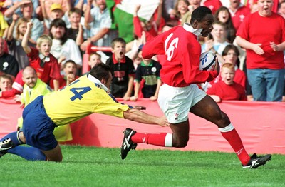 300897 - Wales v Romania - Nigel Walker of Wales scores a try