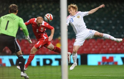09.09.09 -  Wales v Russia - World Cup 2010 Qualifier Group Four - James Collins of Wales heads the ball past Renat Yanbaev of Russia. 