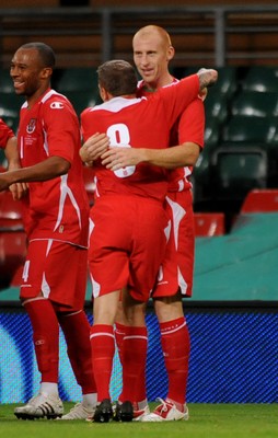 09.09.09 -  Wales v Russia - World Cup 2010 Qualifier Group Four - James Collins of Wales celebrates his goal with Craig Bellamy(8). 