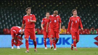 09.09.09 -  Wales v Russia - World Cup 2010 Qualifier Group Four - Sam Ricketts, David Edwards and Aaron Ramsey of Wales look dejected. 