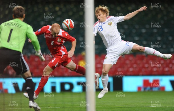 09.09.09 -  Wales v Russia - World Cup 2010 Qualifier Group Four - James Collins of Wales heads the ball past Renat Yanbaev of Russia. 