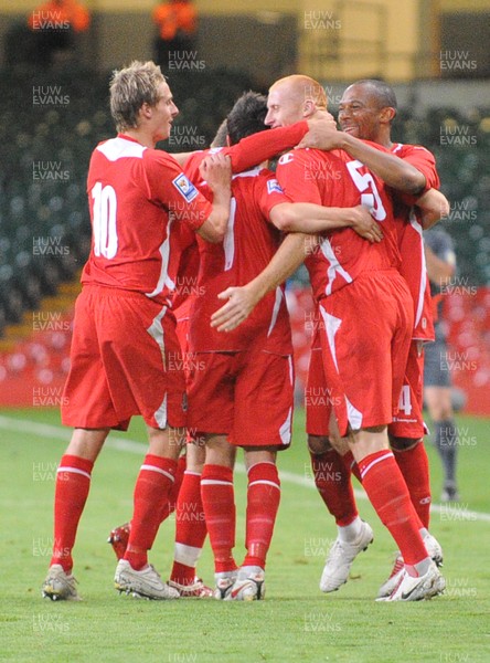 09.09.09 - World Cup Qualifying Group 4 Wales v Russia Wales' James Collins  (2nd R) is congratulated after scoring goal 