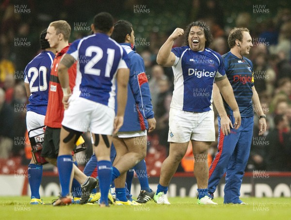 161112 - Wales v Samoa - Dove Men Series 2012 -  Samoa's Census Johnston, right, celebrates victory    