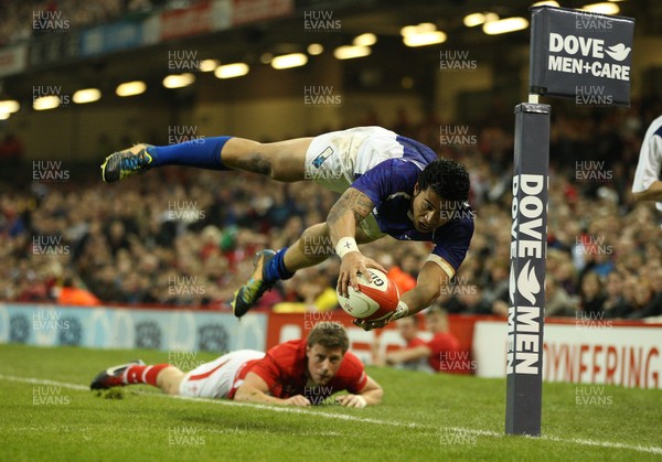 161112 - Wales v Samoa, Dove Men Series 2012 - Samoa's George Pisi dives in to score try  