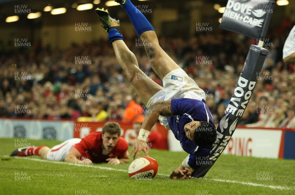 161112 - Wales v Samoa, Dove Men Series 2012 - Samoa's George Pisi dives in to score try  