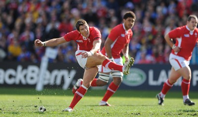 18.09.11 - Wales v Samoa - Rugby World Cup 2011 - James Hook of Wales kicks at goal. 