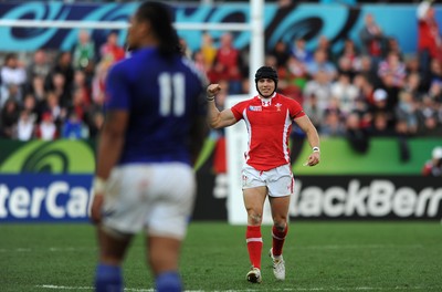 18.09.11 - Wales v Samoa - Rugby World Cup 2011 - Leigh Halfpenny of Wales celebrates at the end of the game. 