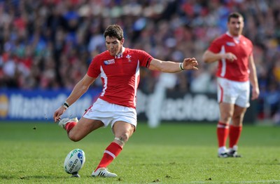 18.09.11 - Wales v Samoa - Rugby World Cup 2011 - James Hook of Wales kicks at goal. 