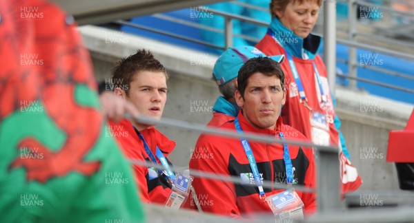 18.09.11 - Wales v Samoa - Rugby World Cup 2011 - Dan Lydiate and James Hook of Wales look on from the bench in the second half. 