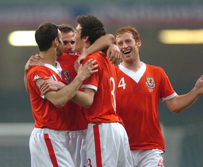 28.03.07 - Wales v San Marino - UEFA Euro 2008 Qualifying Group D - Wales' Gareth Bale celebrates his goal with team mates 