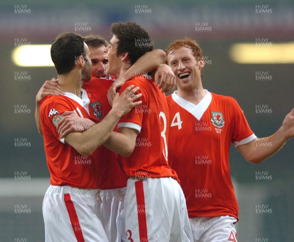 28.03.07 - Wales v San Marino - UEFA Euro 2008 Qualifying Group D - Wales' Gareth Bale celebrates his goal with team mates 