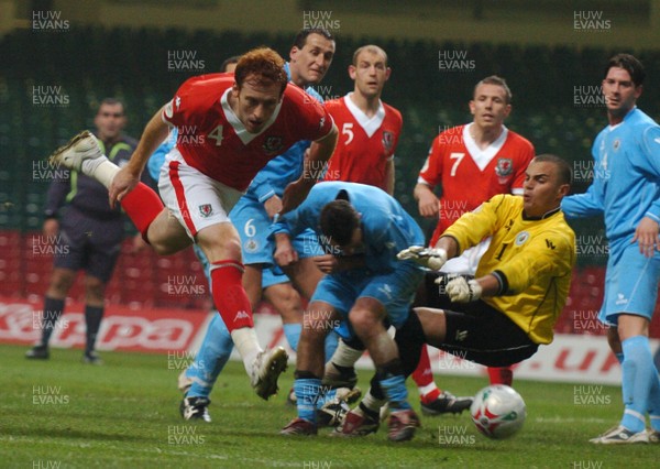 28.03.07 - Euro 2008 Qualifier Wales v San Marino Wales' James Collins tries to beat 'keeper Aldo Simoncini 