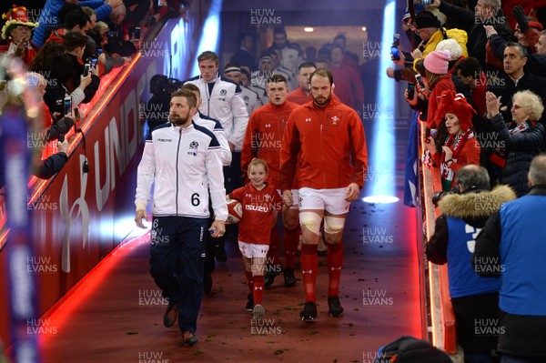 030218 - Wales v Scotland - NatWest 6 Nations 2018 - John Barclay of Scotland and Alun Wyn Jones of Wales lead out their sides