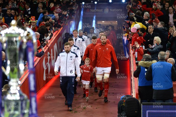 030218 - Wales v Scotland - NatWest 6 Nations 2018 - John Barclay of Scotland and Alun Wyn Jones of Wales lead out their sides
