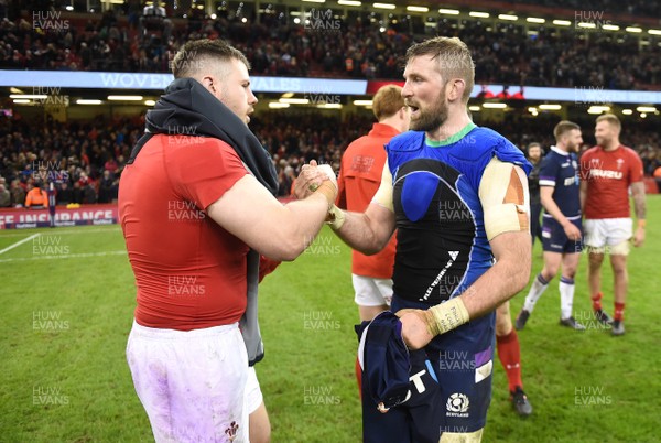 030218 - Wales v Scotland - NatWest 6 Nations 2018 - Rob Evans of Wales and John Barclay of Scotland at the end of the game