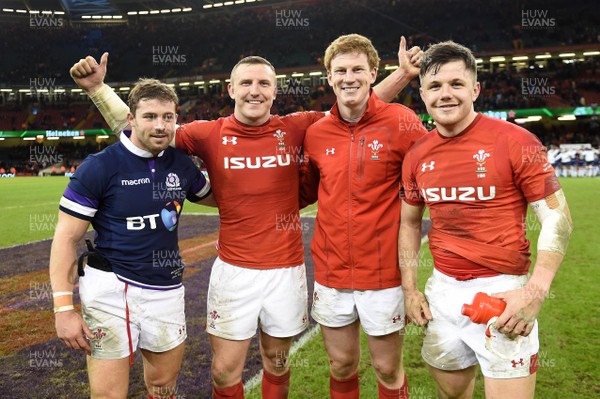 030218 - Wales v Scotland - NatWest 6 Nations 2018 - Leigh Halfpenny, Hadleigh Parkes, Rhys Patchell and Steff Evans of Wales at the end of the game