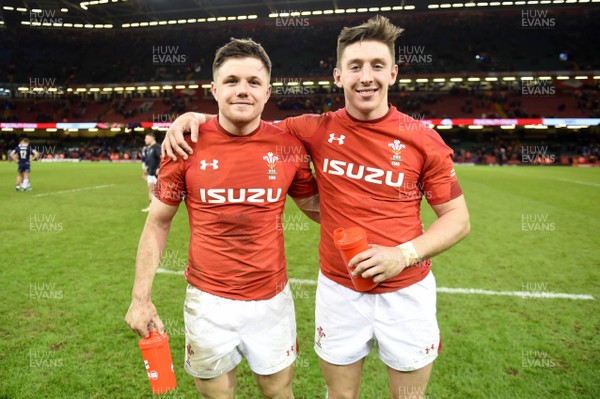 030218 - Wales v Scotland - NatWest 6 Nations 2018 - Steff Evans and Josh Adams of Wales at the end of the game