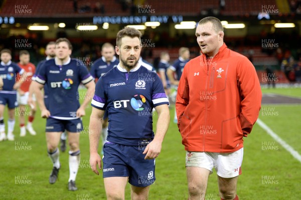 030218 - Wales v Scotland - NatWest 6 Nations 2018 - Greig Laidlaw of Scotland and Ken Owens of Wales at the end of the game