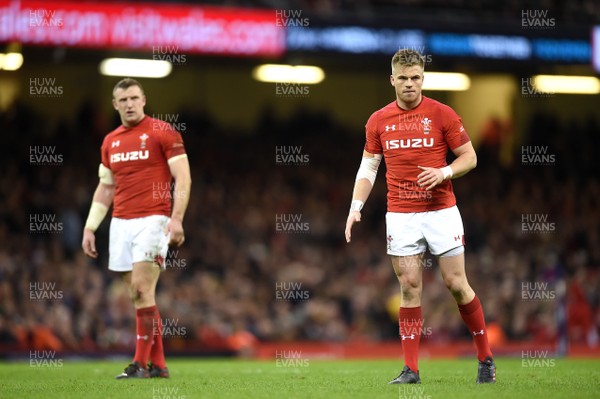 030218 - Wales v Scotland - NatWest 6 Nations 2018 - Hadleigh Parkes and Gareth Anscombe of Wales