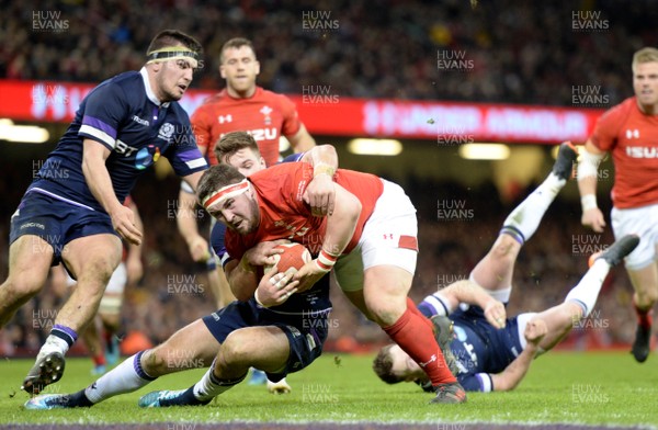 030218 - Wales v Scotland - NatWest 6 Nations 2018 - Wyn Jones of Wales is tackled short of the line