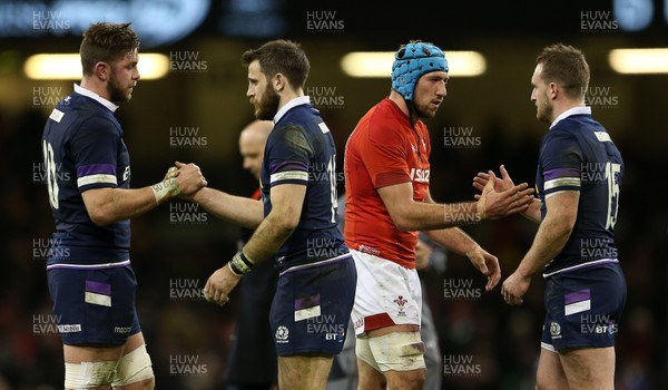 030218 - Wales v Scotland - Natwest 6 Nations - Justin Tipuric of Wales and Stuart Hogg of Scotland at full time