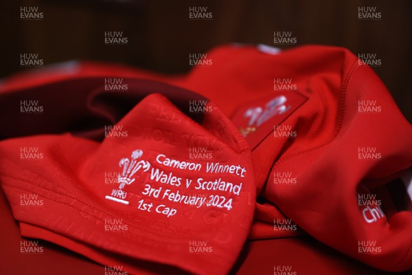 030224 - Wales v Scotland - Guinness 6 Nations 2024 - Cameron Winnett of Wales jersey in the changing before the game on his first cap