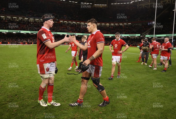 030224 - Wales v Scotland - Guinness 6 Nations 2024 - Adam Beard and Dafydd Jenkins of Wales at full time