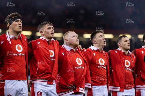030224 - Wales v Scotland - Guinness 6 Nations 2024 - Keiron Assiratti of Wales during the anthem