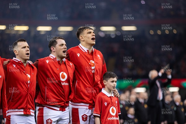 030224 - Wales v Scotland - Guinness 6 Nations 2024 - Dafydd Jenkins of Wales during the anthem
