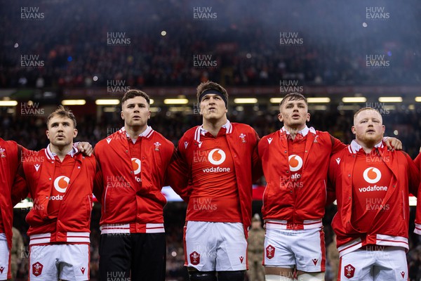 030224 - Wales v Scotland - Guinness 6 Nations 2024 - Teddy Williams of Wales during the anthem