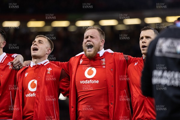 030224 - Wales v Scotland - Guinness 6 Nations 2024 - Corey Domachowski of Wales during the anthem