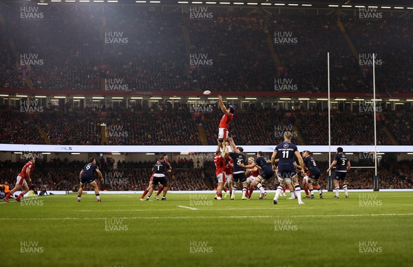 030224 - Wales v Scotland - Guinness 6 Nations 2024 - Dafydd Jenkins of Wales wins the line out