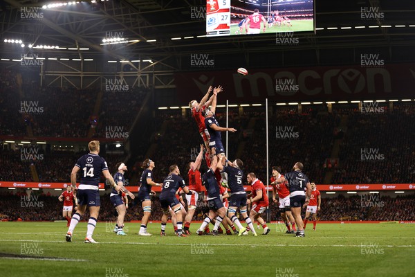 030224 - Wales v Scotland - Guinness 6 Nations 2024 - Aaron Wainwright of Wales in the line out