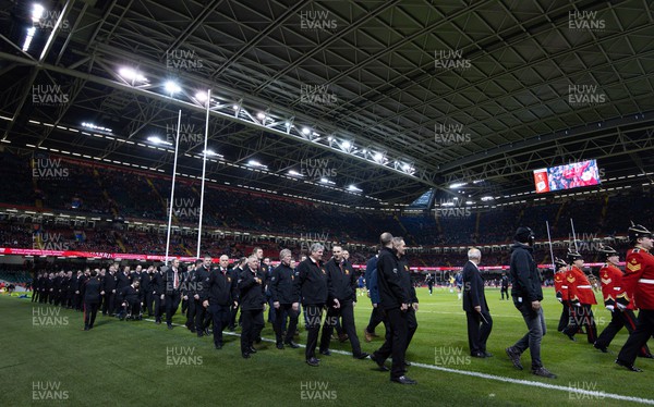 030224 - Wales v Scotland, Guinness Six Nations 2024 - The choir make their way onto the pitch at the start of the match