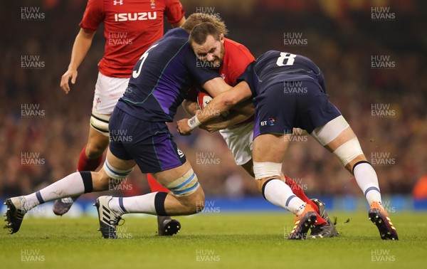 031118 - Wales v Scotland, Under Armour Series 2018 - Ken Owens of Wales is tackled by Jonny Gray of Scotland  and Ryan Wilson of Scotland