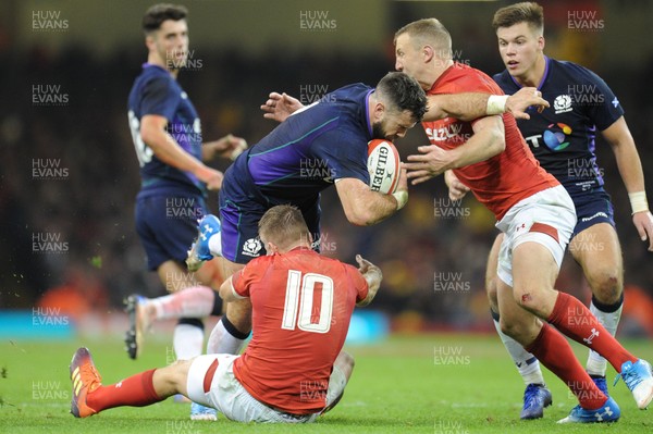 031118 - Wales v Scotland - Under Armour Series - Alex Dunbar of Scotland  is tackled by Gareth Anscombe of Wales 