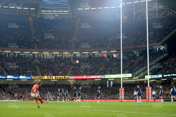 031118 - Wales v Scotland - Doddle Weir Cup -  Leigh Halfpenny of Wales kicks for goal