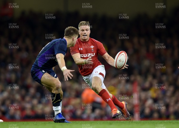 031118 - Wales v Scotland - Doddle Weir Cup -  Gareth Anscombe of Wales takes on Huw Jones of Scotland 