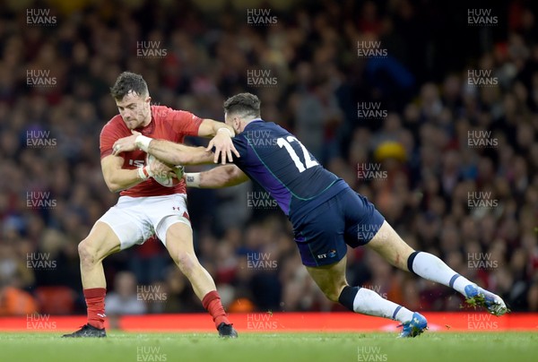 031118 - Wales v Scotland - Doddle Weir Cup -  Luke Morgan of Wales is tackled by Alex Dunbar of Scotland 