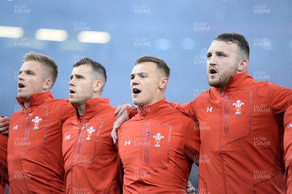 031118 - Wales v Scotland - Under Armour Series - Gareth Anscombe, Gareth Davies, Jarrod Evans and Dillon Lewis during the anthems
