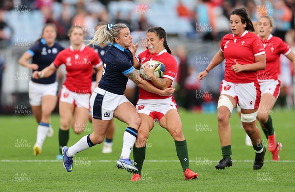 091022 - Wales v Scotland, Women’s Rugby World Cup 2021 Pool A - Ffion Lewis of Wales is tackled by Chloe Rollie of Scotland