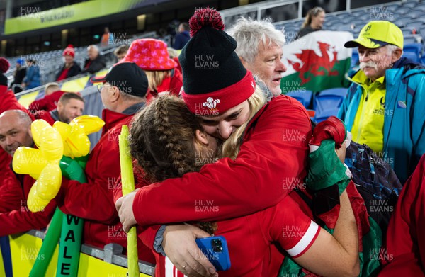 091022 - Wales v Scotland, Women’s Rugby World Cup 2021 Pool A - Lisa Neumann of Wales celebrates with family and friends after the last gasp win