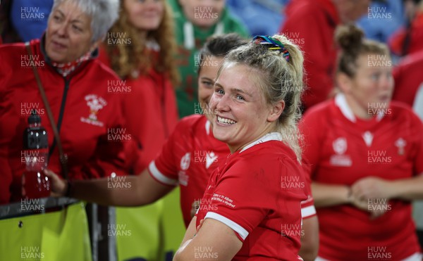 091022 - Wales v Scotland, Women’s Rugby World Cup 2021 Pool A - Alex Callender of Wales celebrates with family and friends after the last gasp win
